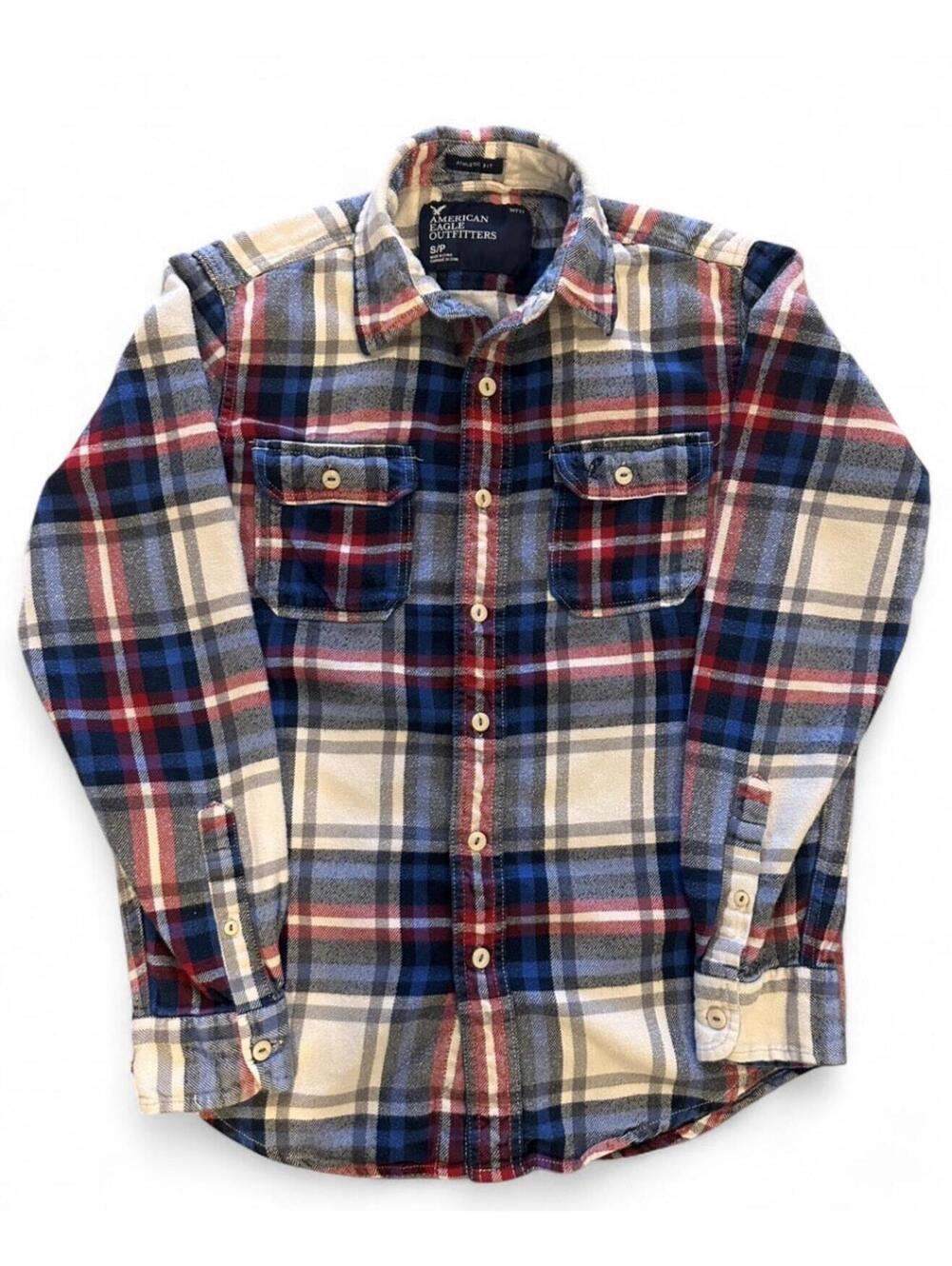 American Eagle Plaid Flannel Shirt Small Athletic Fit Red White Blue